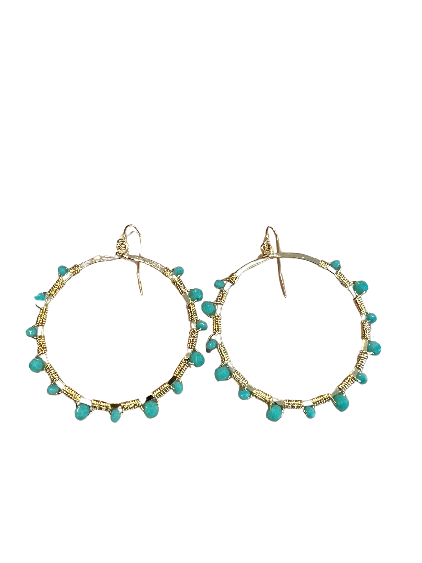 Gold Hammered Teardrop Bohemian Wire Wrapped Loop Earrings with Beads
