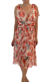 Floral Sleeveless Orange Dress with Bow on Shoulder