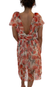 Floral Sleeveless Orange Dress with Bow on Shoulder