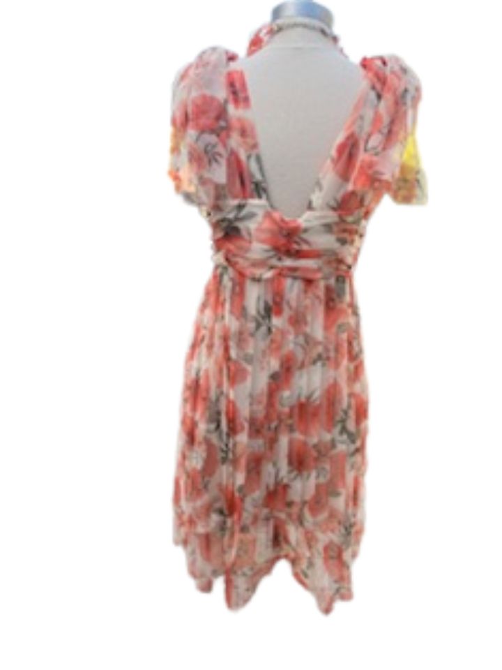 Floral Sleeveless Orange Dress with Bow on Shoulder
