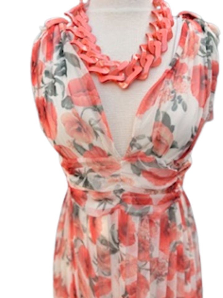 Floral Sleeveless Orange Dress with Bow on Shoulder