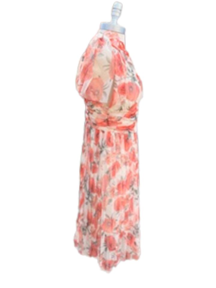 Floral Sleeveless Orange Dress with Bow on Shoulder