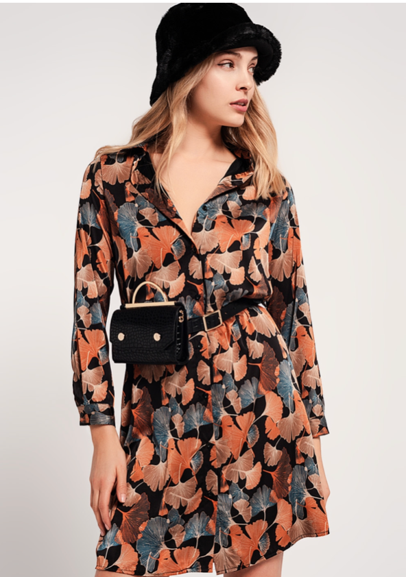 Floral Long Sleeve Button Through Mini Dress in Black