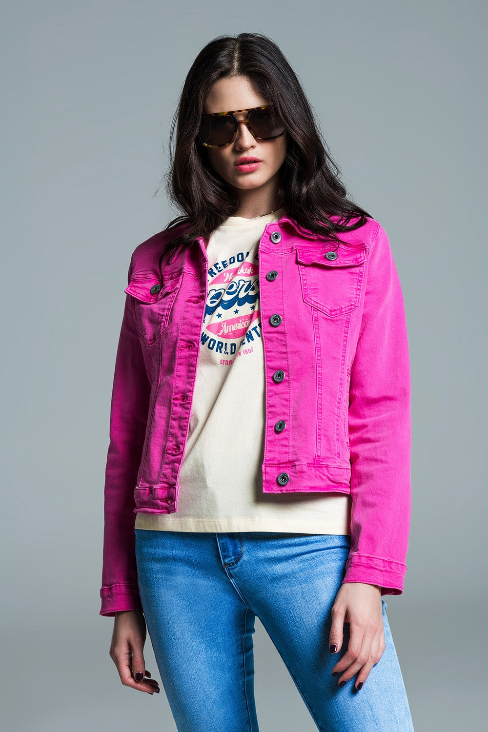 Fuchsia Denim Jacket with Pockets