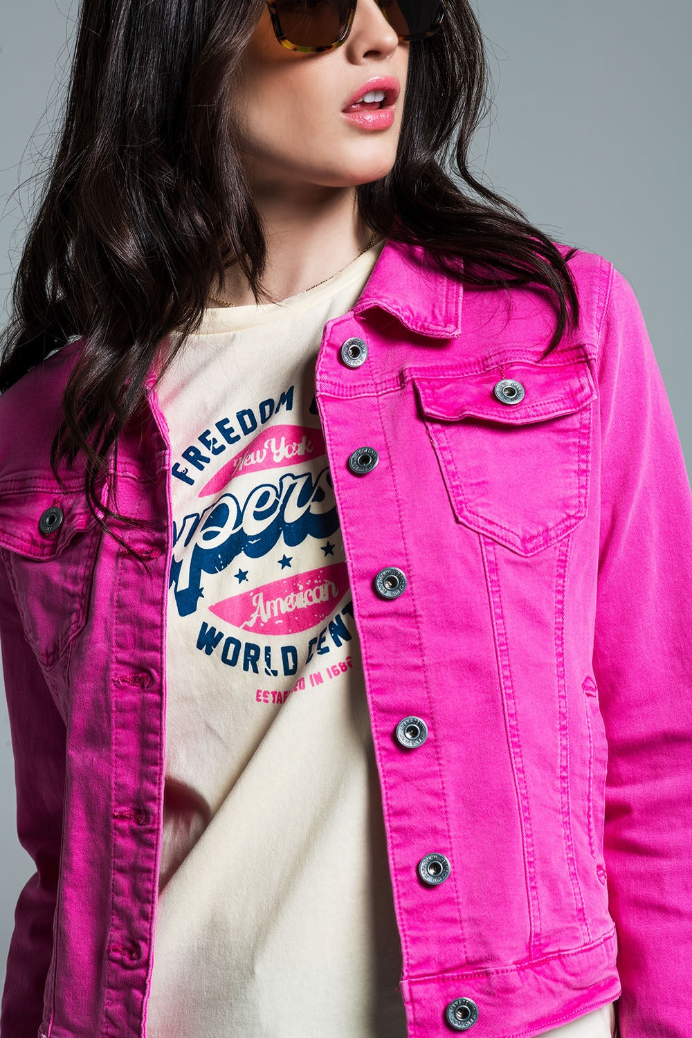 Fuchsia Denim Jacket with Pockets