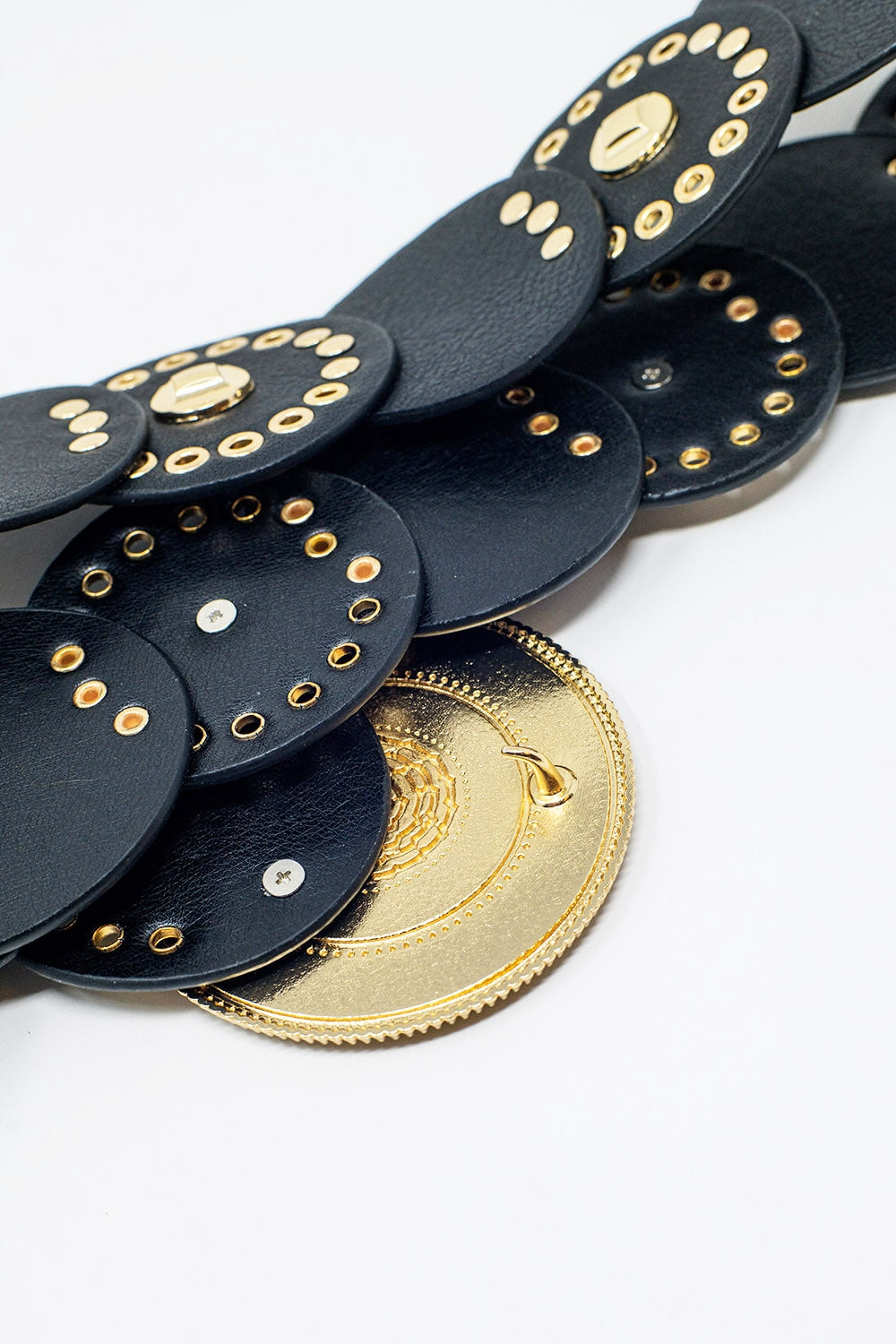 Black Vegan Leather Belt with Rhinestone and Round Buckle