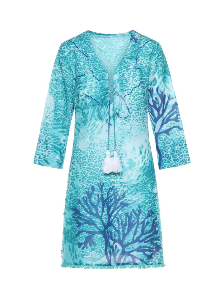 Teal Coral Fringe Dress with Tassels and Beads