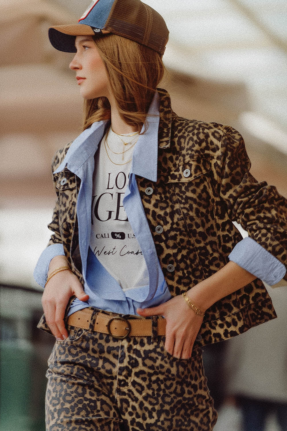 Leopard Print Denim Jacket L