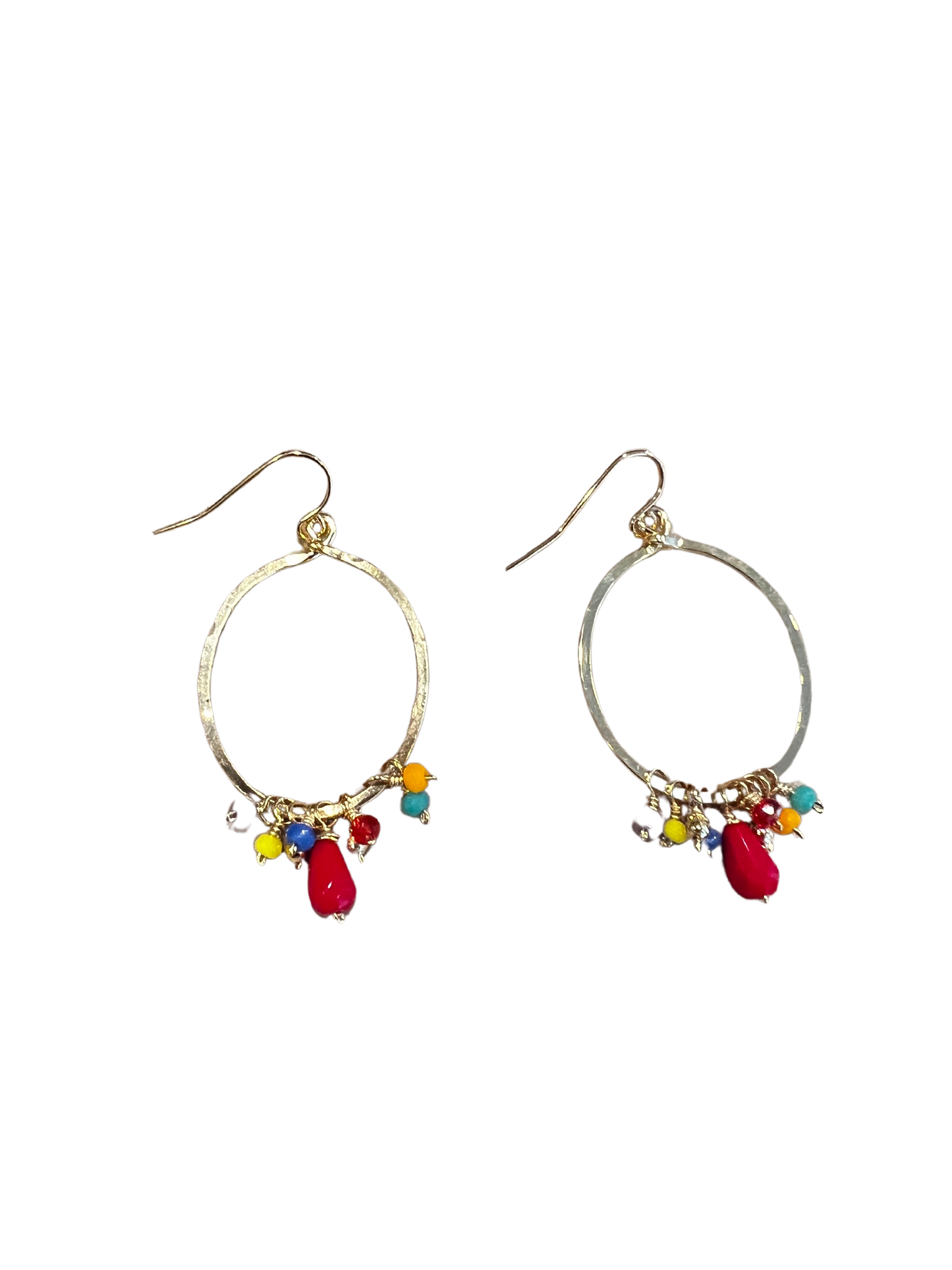 Gold Hammered Teardrop Geometric Bohemian Wire Wrapped Earrings with Colorful Beads