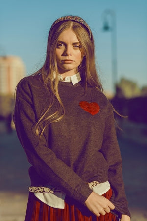Brown Light Sweater with Red Heart