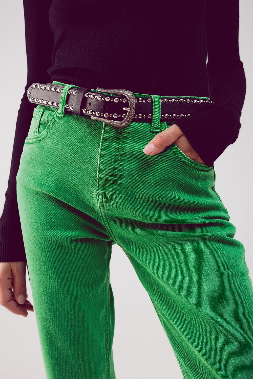 Green Cotton Mid Rise Slouchy Jean
