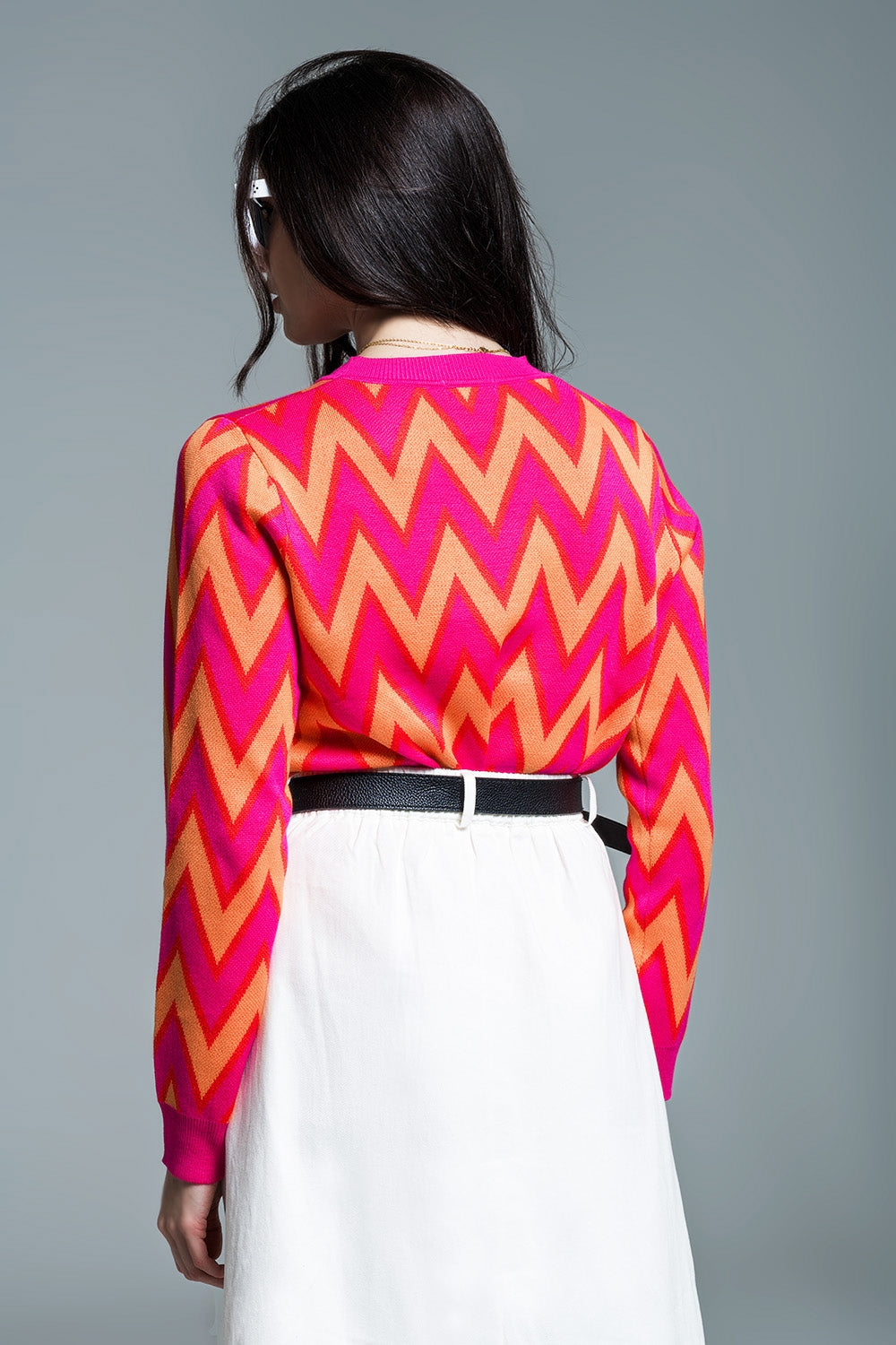 Fuchsia Sweater with Zig Zag Orange Print