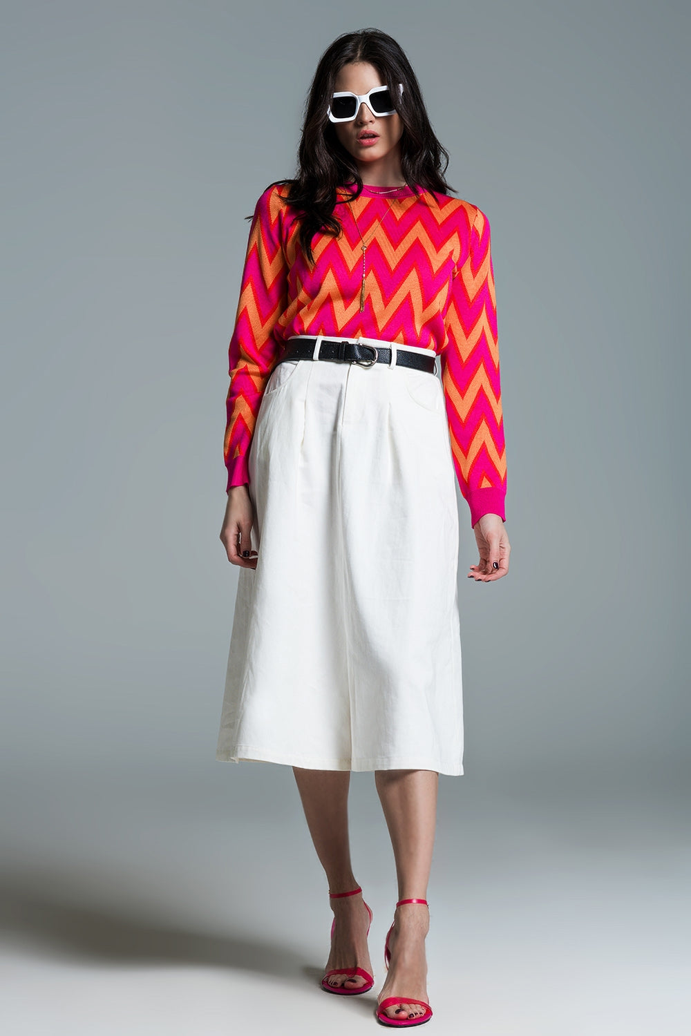 Fuchsia Sweater with Zig Zag Orange Print