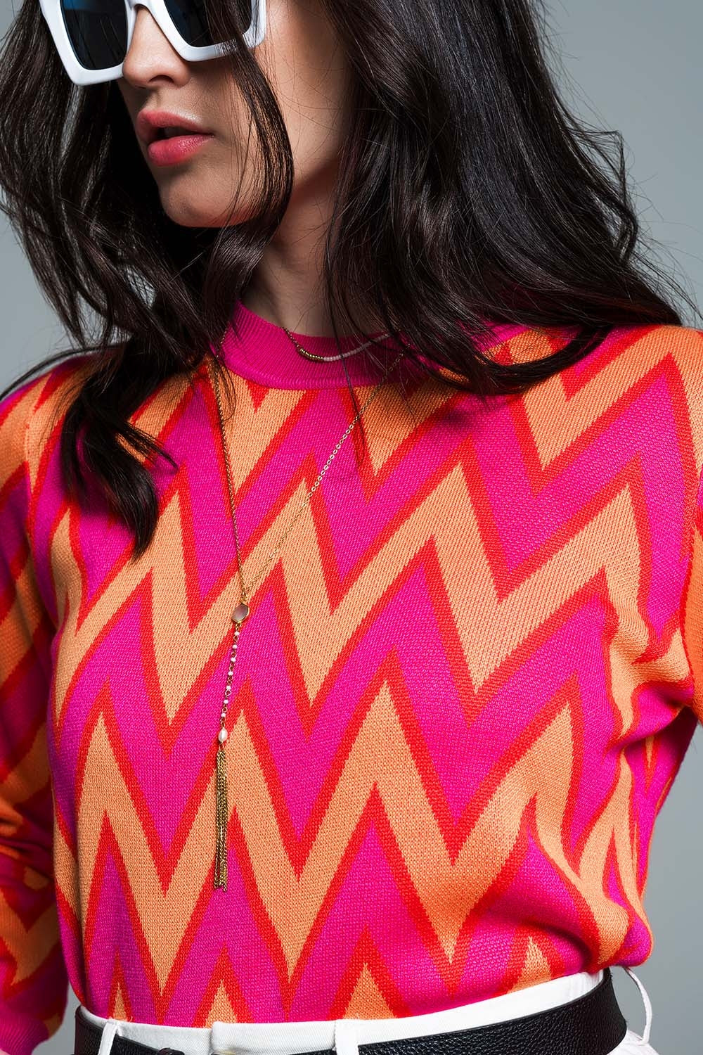 Fuchsia Sweater with Zig Zag Orange Print