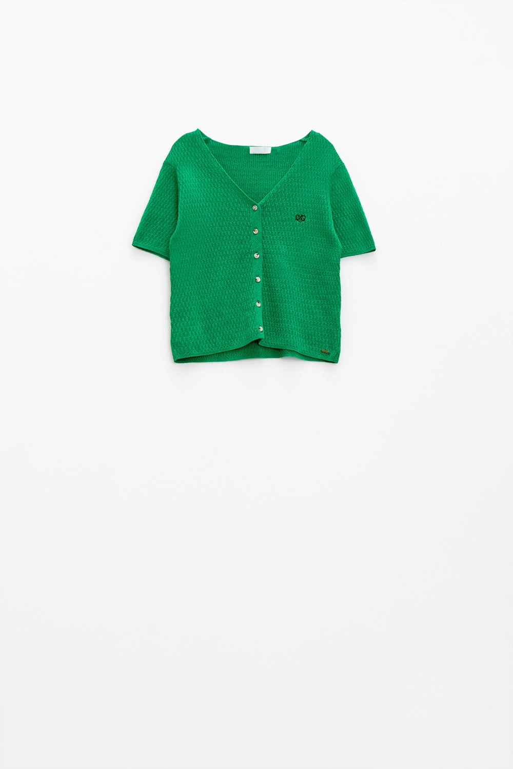 Green Short Sleeves Cardigan with Front Placket Button