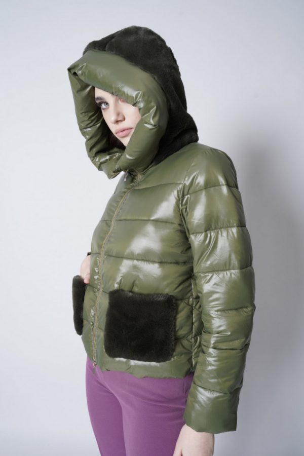 Quilted Green Patch Pocket Down Jacket with Hood