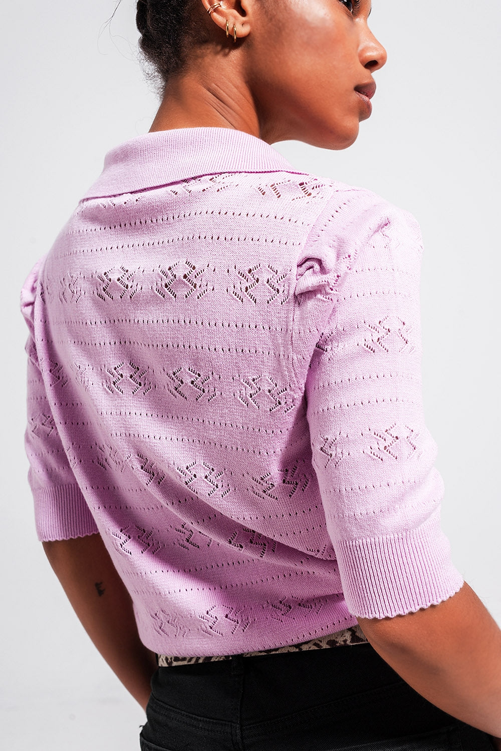 Knitted Polo Neck Short Sleeve Top