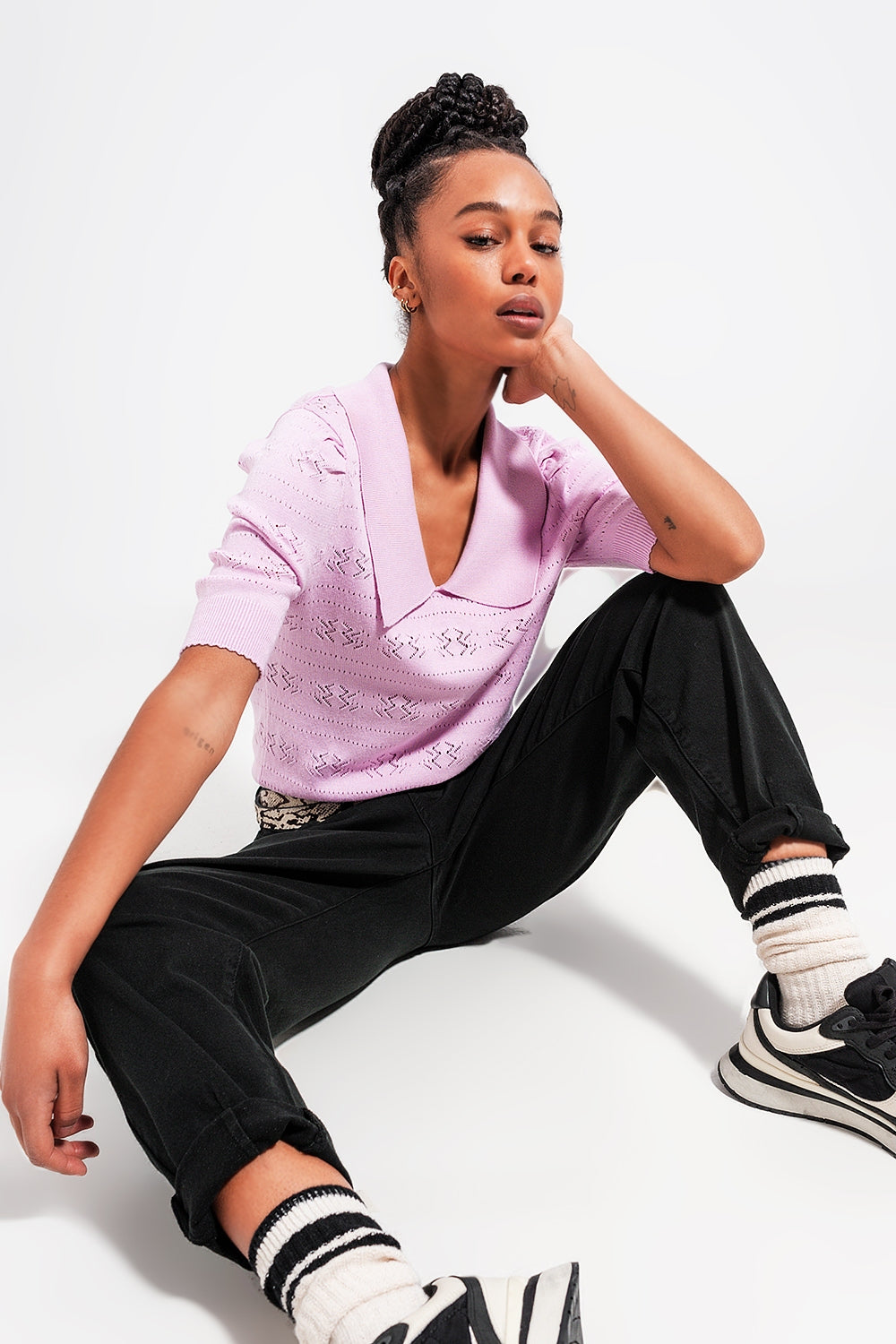 Knitted Polo Neck Short Sleeve Top