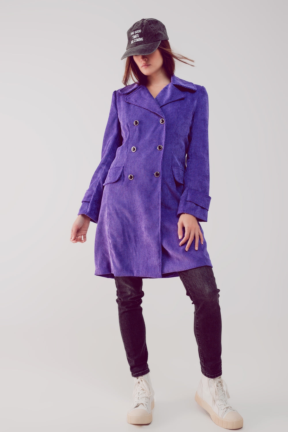 Long Corduroy Blazer with Vintage Buttons