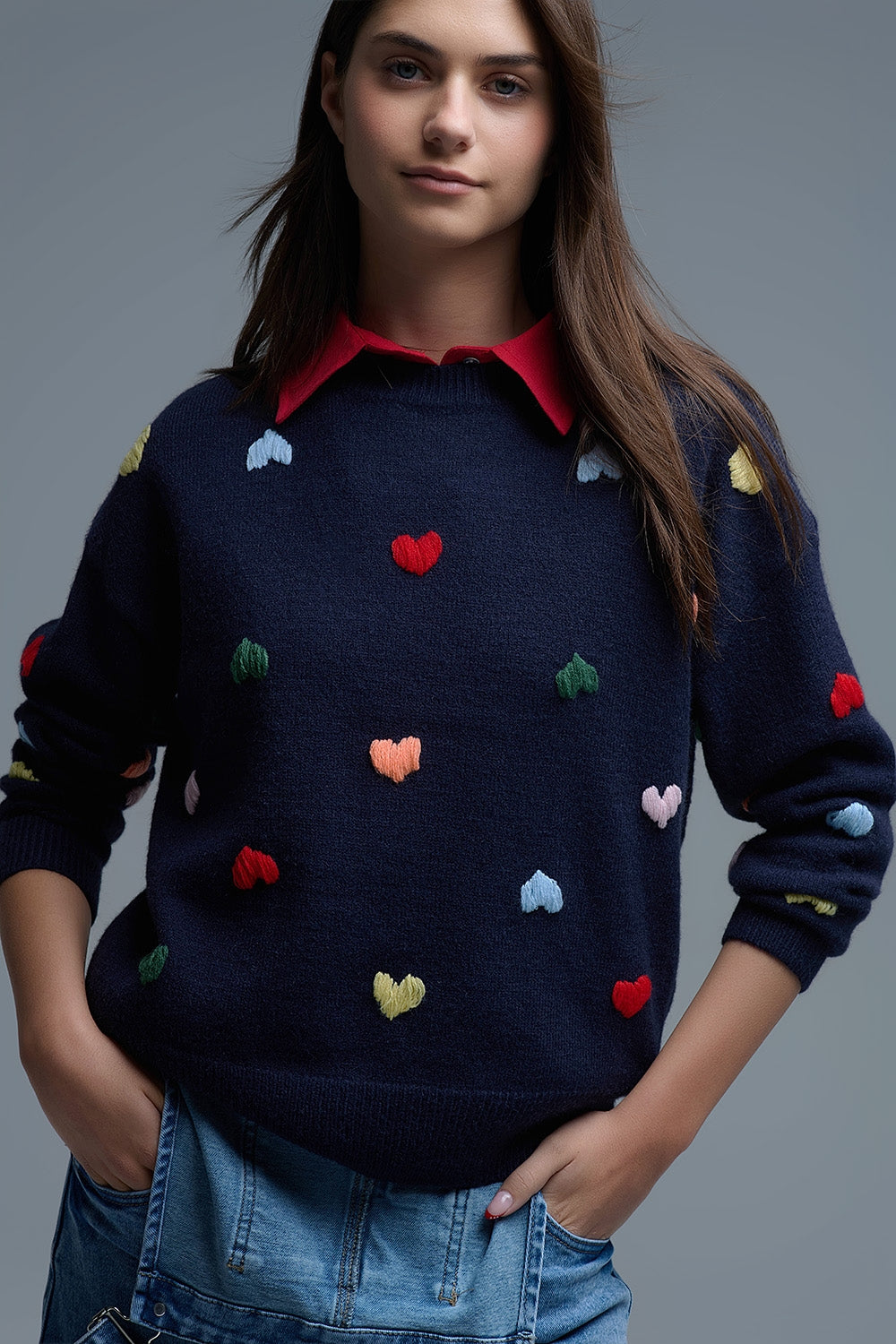 Navy Sweater With Multicolor Embroidered Hearts View more