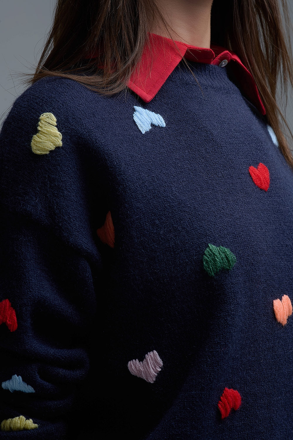 Navy Sweater With Multicolor Embroidered Hearts View more