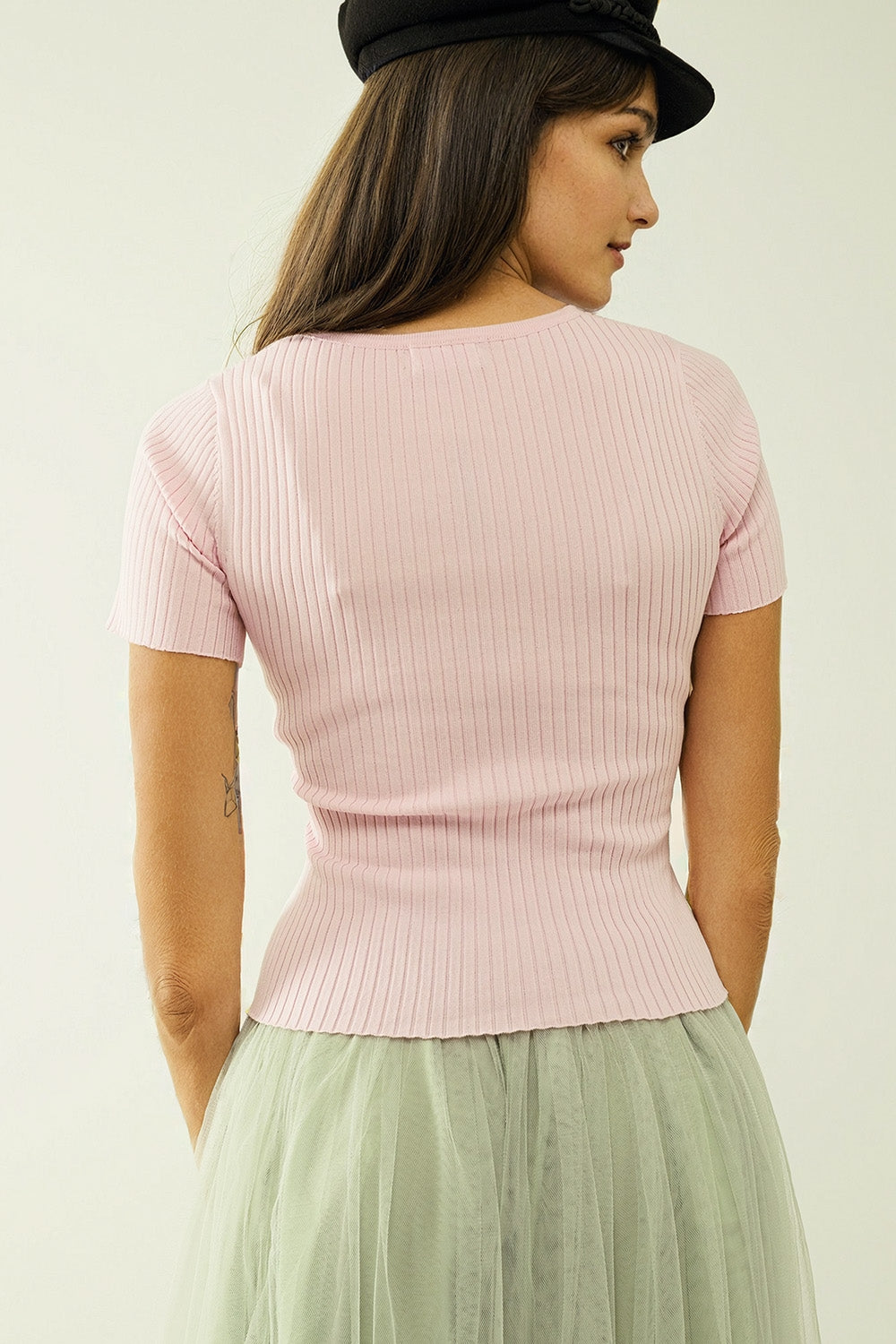 Pink V Neck Shirt with Crossed Front