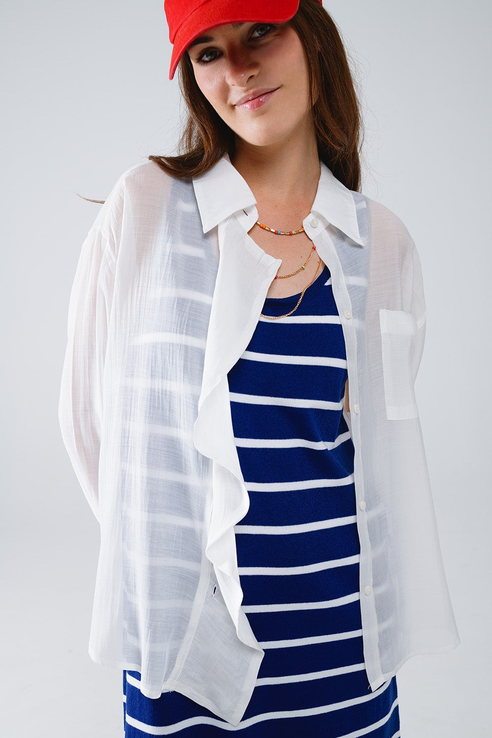 White Semi Sheer Blouse With Ruffle Detail Down The Front