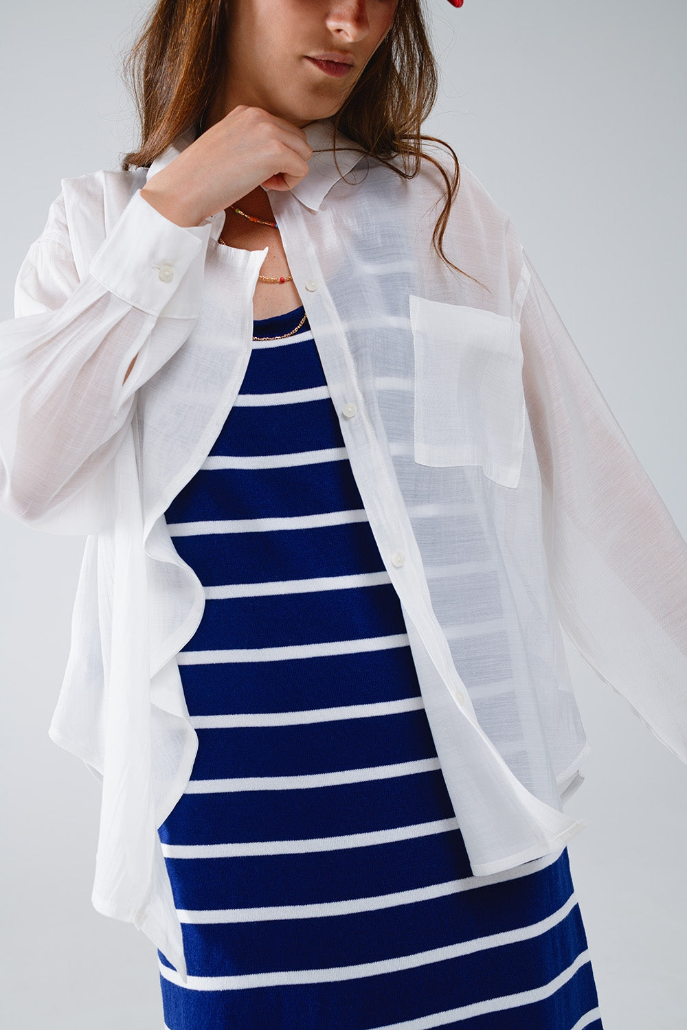 White Semi Sheer Blouse With Ruffle Detail Down The Front