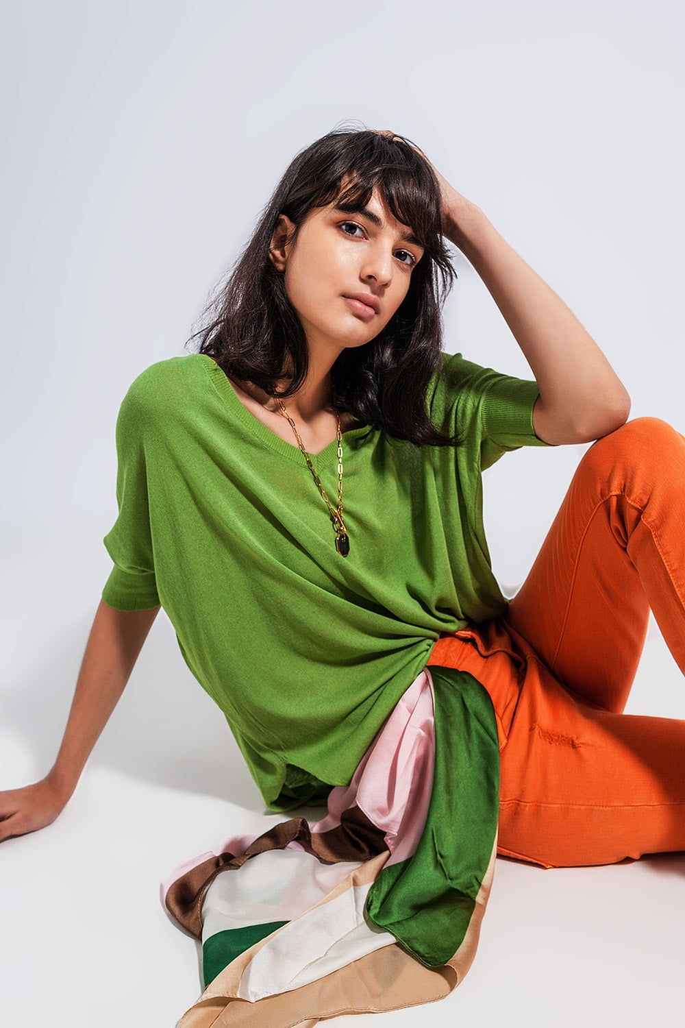Super Soft Green V Neck Short Sleeve Sweater