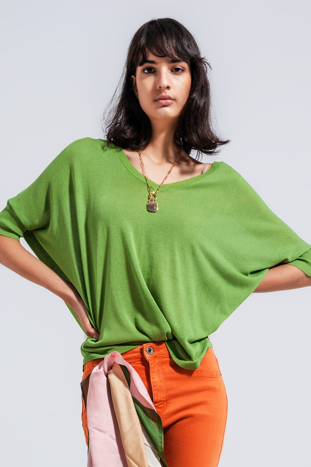 Super Soft Green V Neck Short Sleeve Sweater