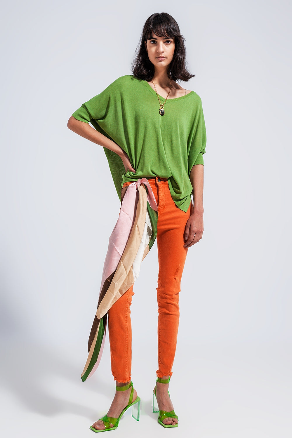 Super Soft Green V Neck Short Sleeve Sweater