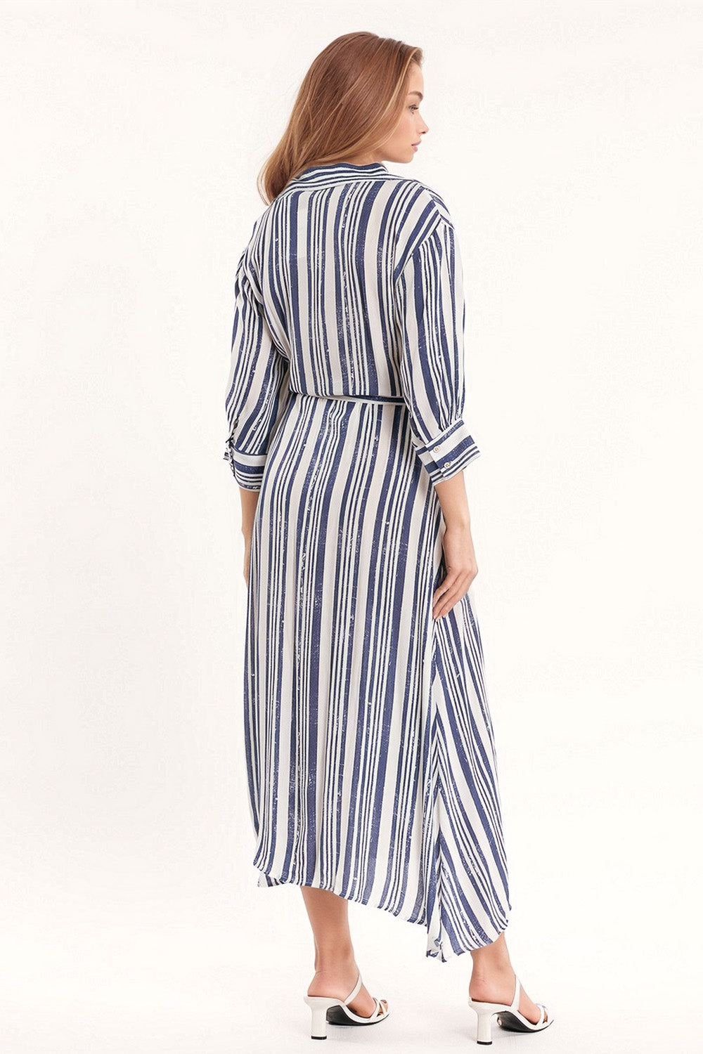 Stripped Maxi Shirt Dress with 3/4 Sleeve and Belt in Blue and White