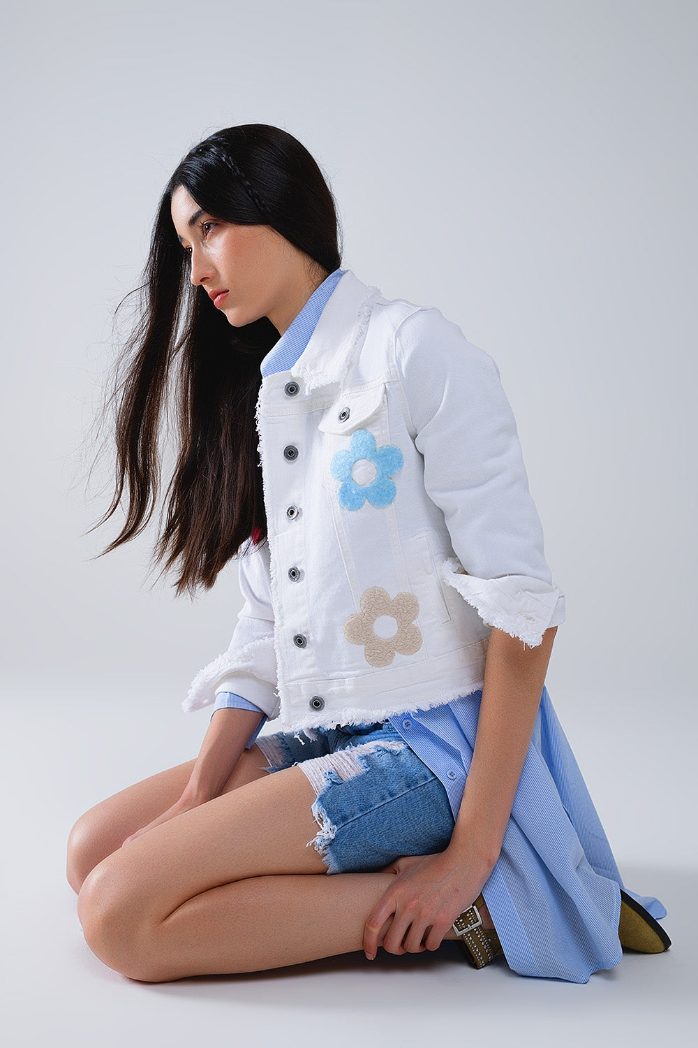 White Denim Jacket with Embroidered Flowers