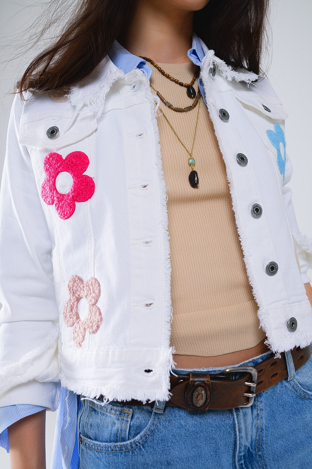 White Denim Jacket with Embroidered Flowers