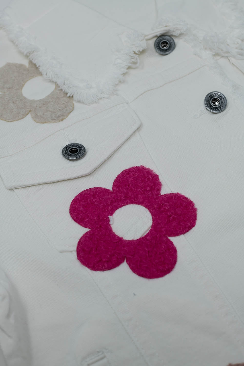White Denim Jacket with Embroidered Flowers