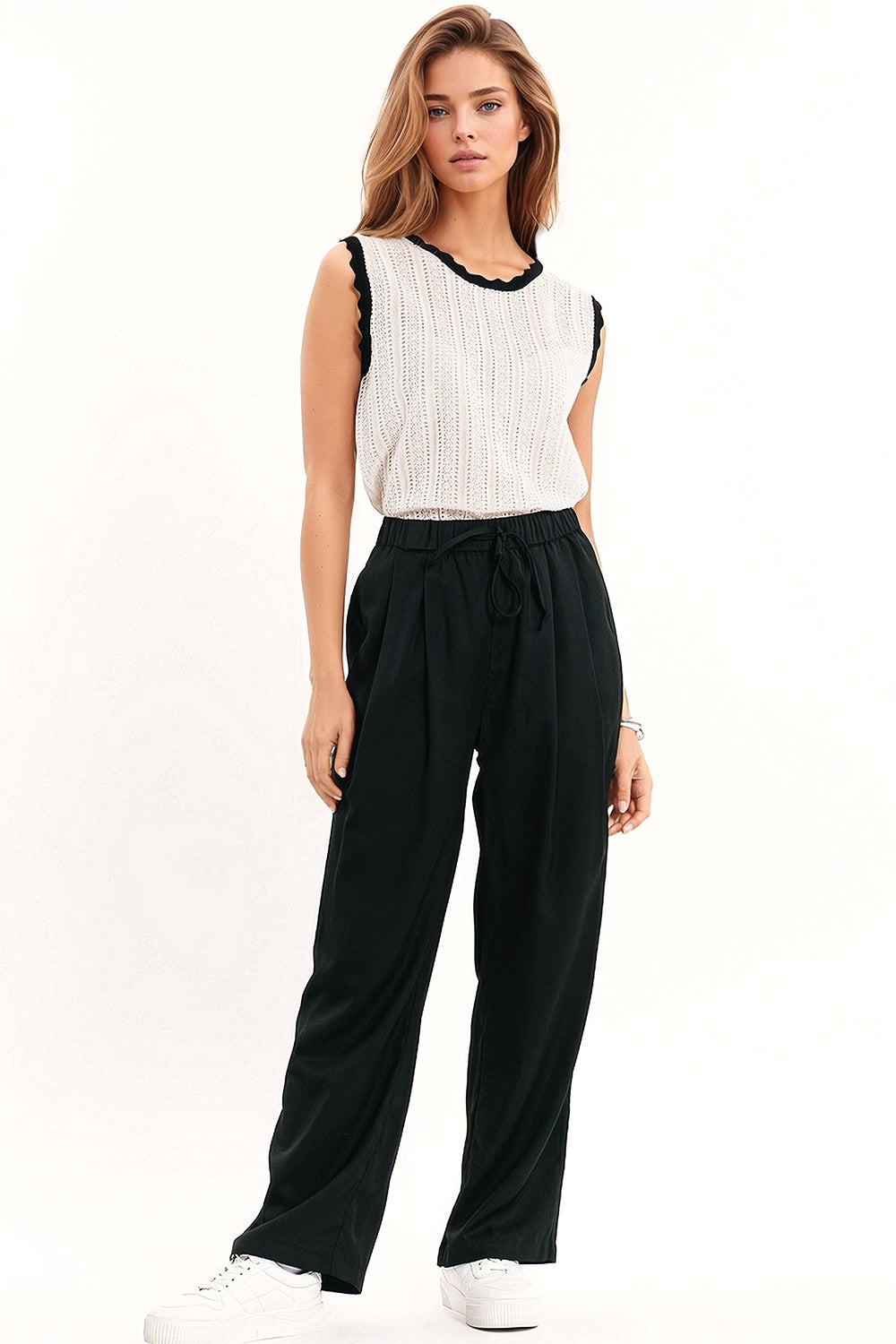 White Classic Knitted Pointelle Top With Black Wavy Trim