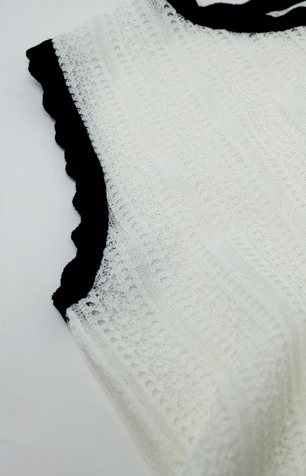 White Classic Knitted Pointelle Top With Black Wavy Trim