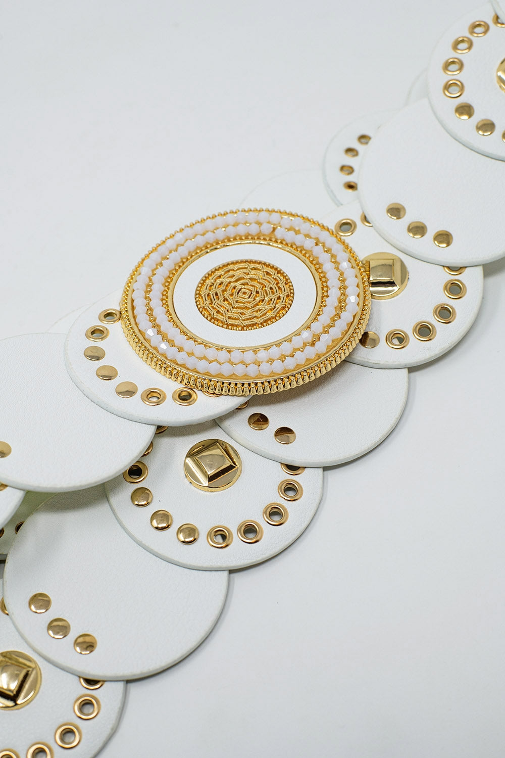 White Vegan Leather Belt with Rhinestone and Round Buckle