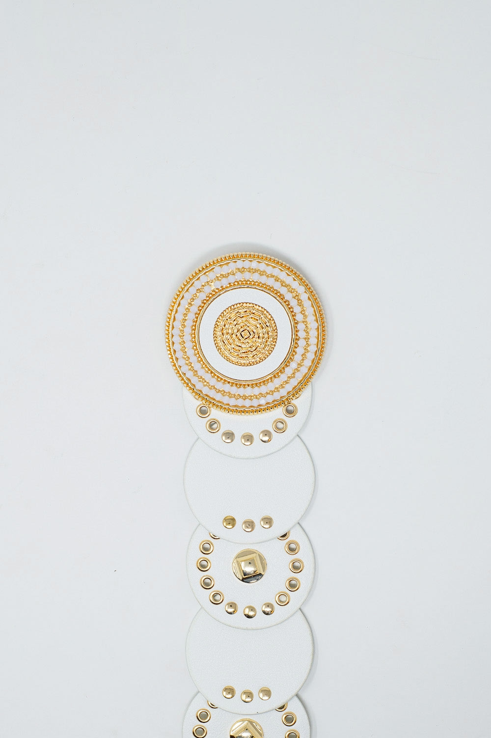 White Vegan Leather Belt with Rhinestone and Round Buckle