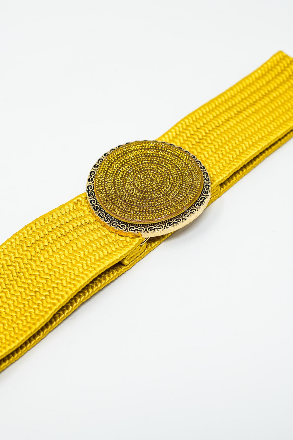 Yellow Wove Belt with Round Rhinestones Buckle