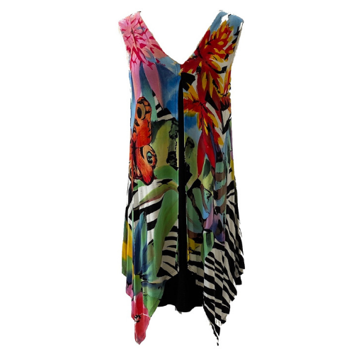 Hand Painted V Neck Asymmetrical Sleeveless Butterfly Dress - M