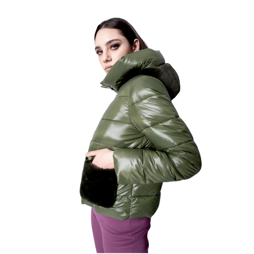 Quilted Green Patch Pocket Down Jacket with Hood