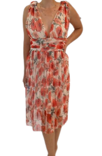 Floral Sleeveless Orange Dress with Bow on Shoulder