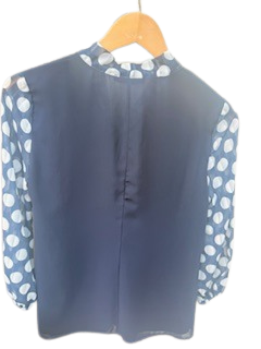 Navy Blue Bow Tie Neckline Blouse with 3/4 Polka dot Sleeves