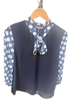 Navy Blue Bow Tie Neckline Blouse with 3/4 Polka dot Sleeves