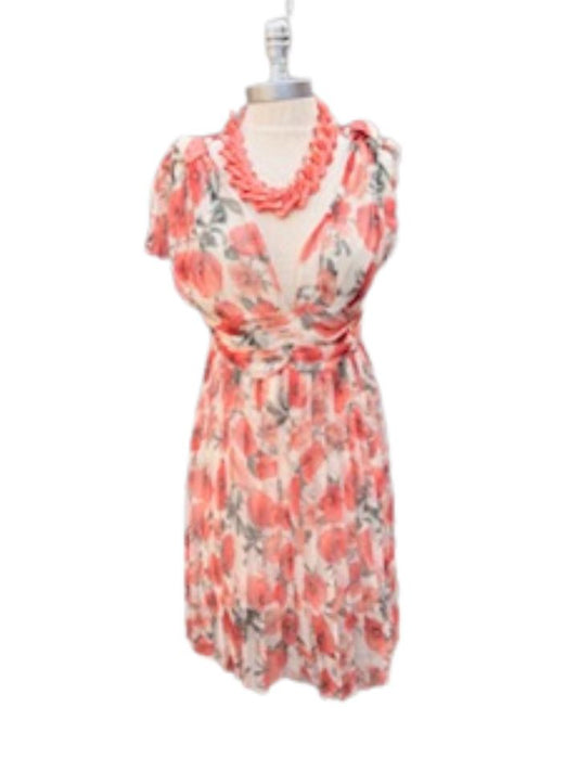Floral Sleeveless Orange Dress with Bow on Shoulder
