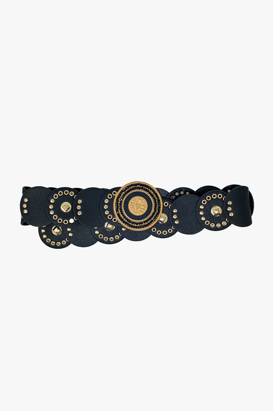 Black Vegan Leather Belt with Rhinestone and Round Buckle