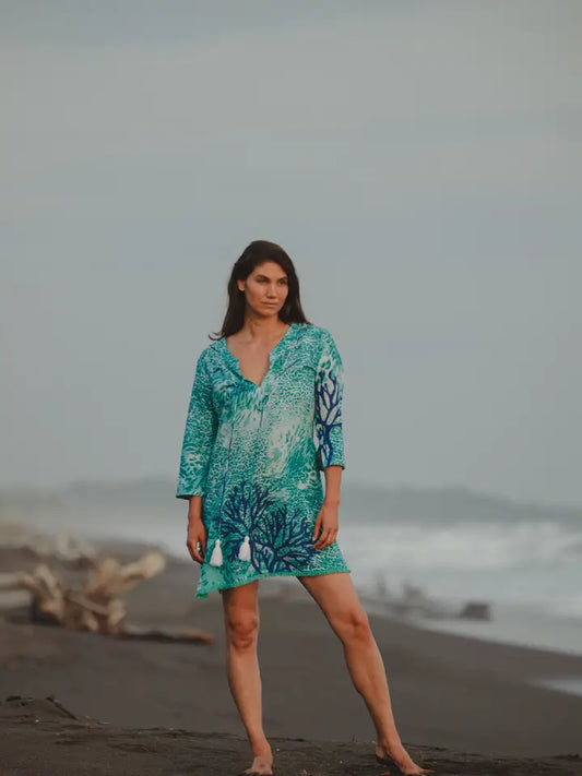 Teal Coral Fringe Dress with Tassels and Beads