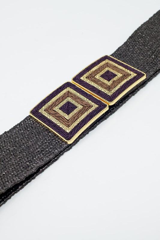 Brown Square Woven Belt with Gold Details