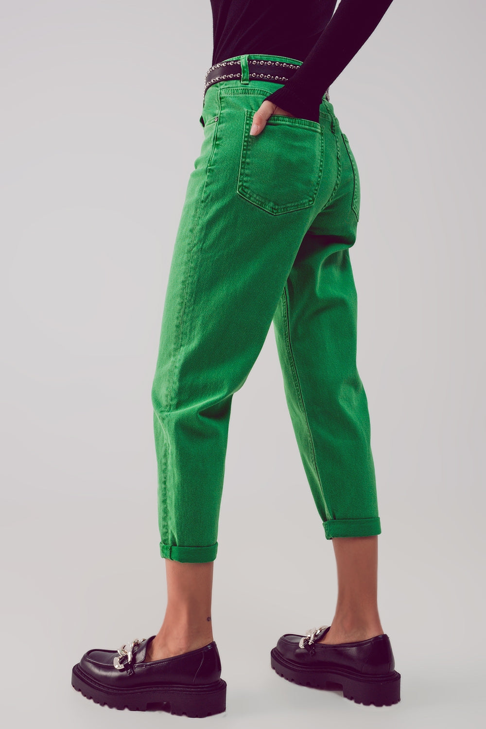 Green Cotton Mid Rise Slouchy Jean